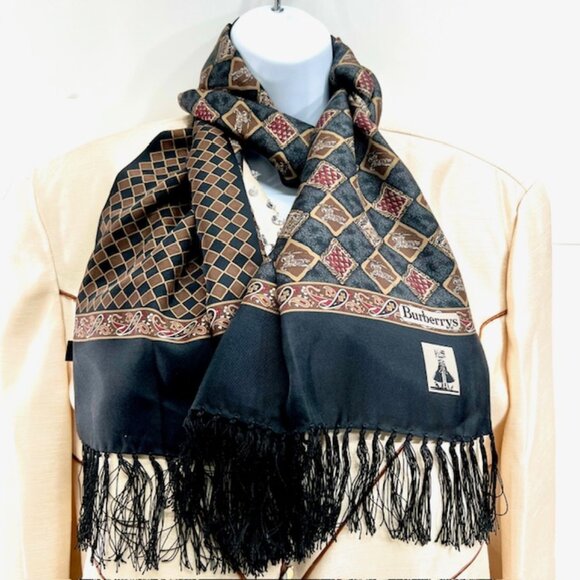 2 Ways  Burberrys 100% Silk Satin Scarf 60"x13" Brown black Check Art  Fring (1 - Picture 1 of 13